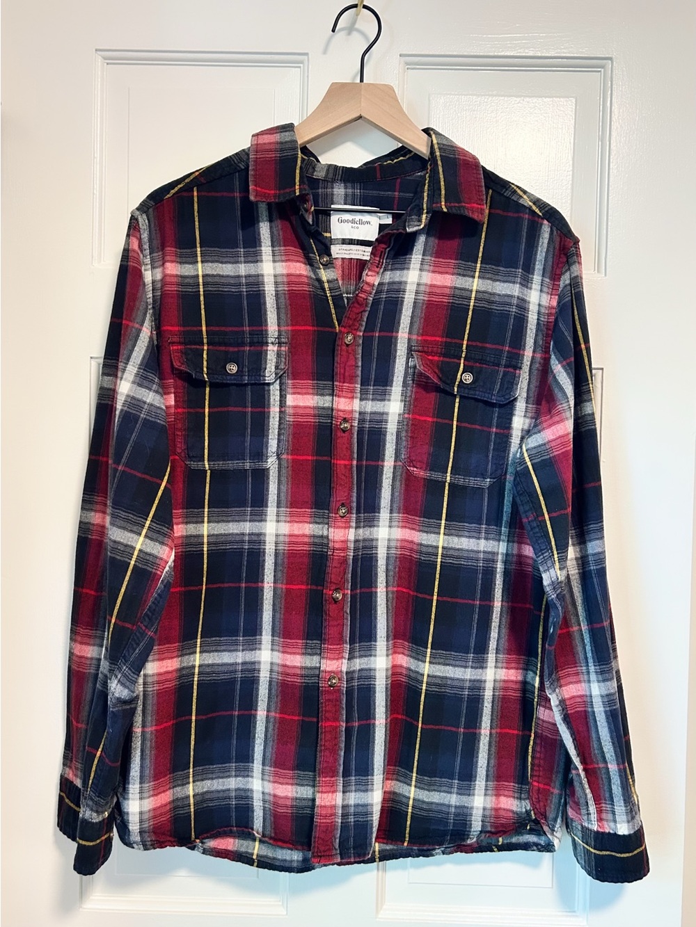 Men’s Goodfellow & Co Plaid Flannel Button Down Shirt - Navy Maroon - Size L